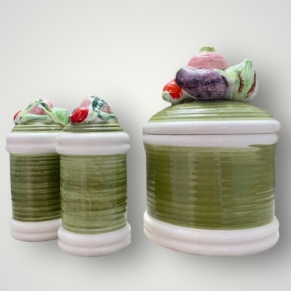 Tilso Japan Ceramic Canister Salt Pepper Shaker Set Green Vegetable Harvest MCM